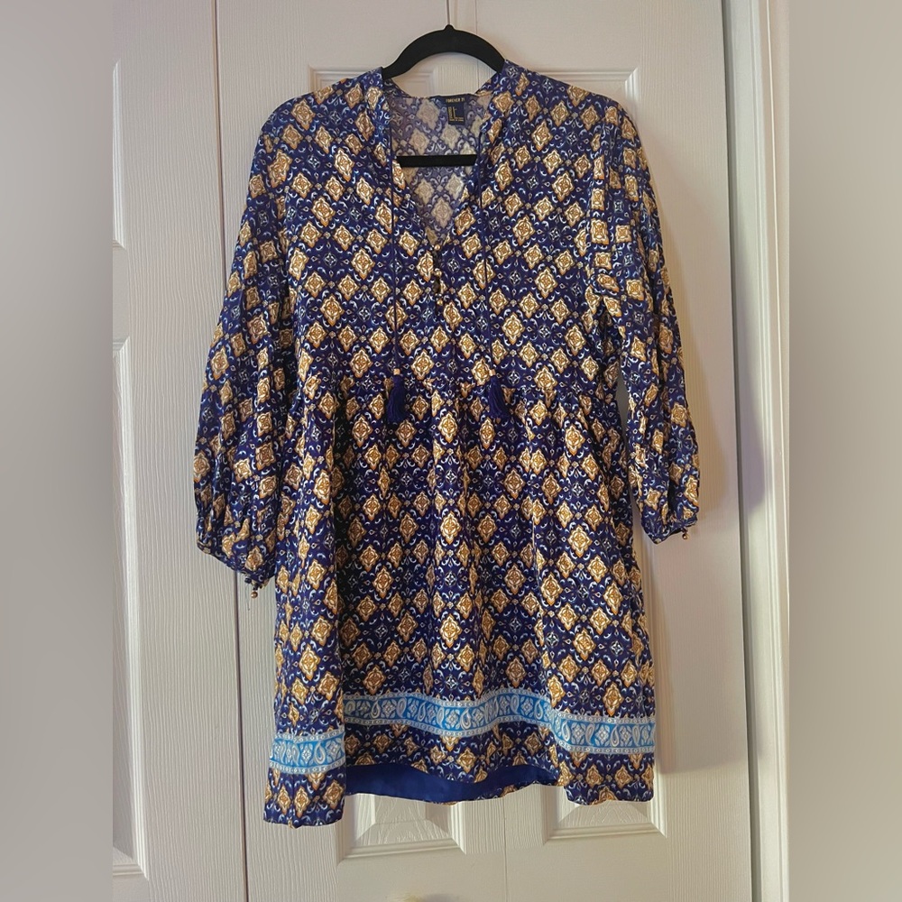 Forever 21 Womens Small Blue Yellow & White Print Boho Peasant Dress